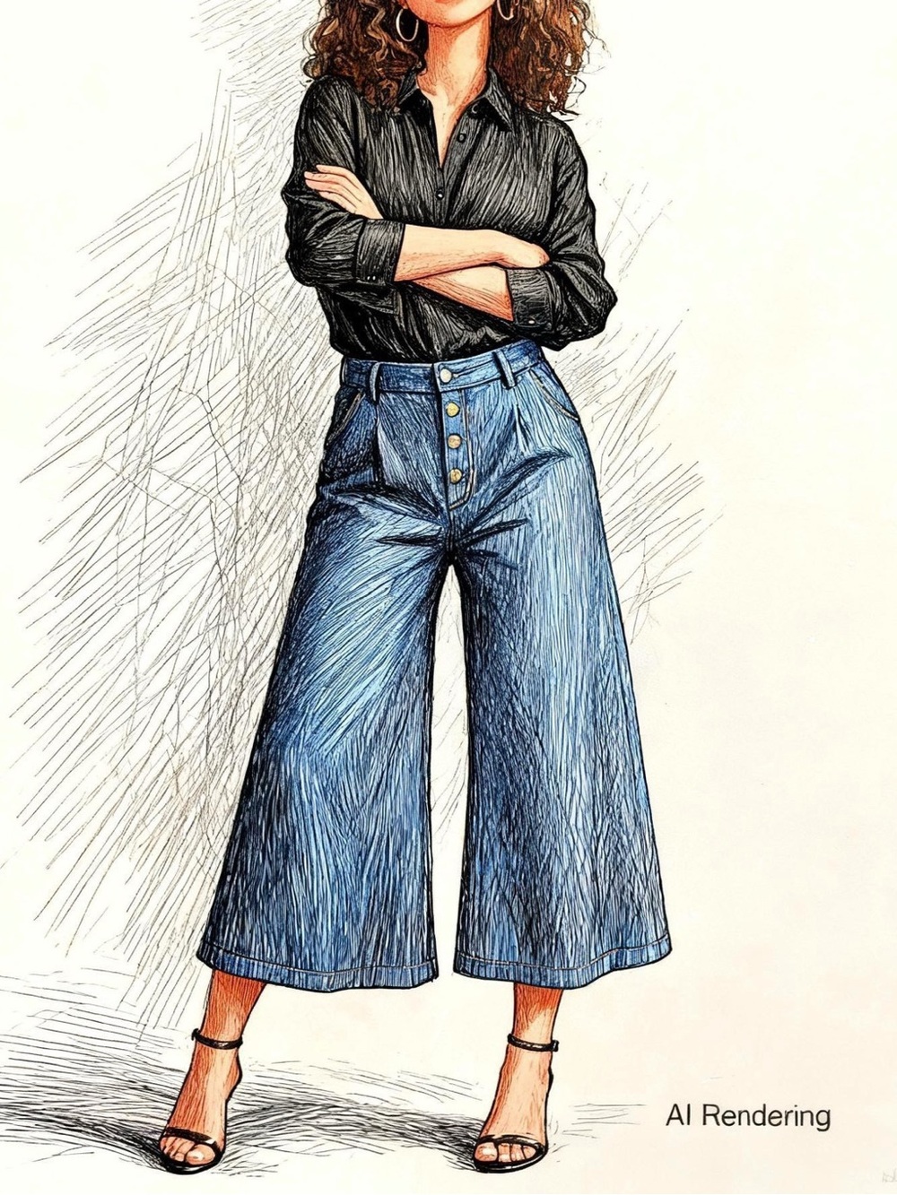 New! VIVID Dark Blue Linen Jeans Style Wide Leg Button Fly Cropped Pants size 6